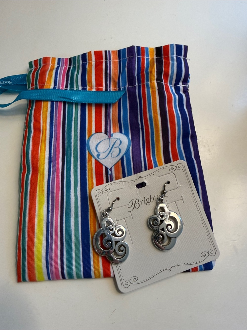 Brighton Silver Swirl Dangle Earrings with Rainbow Stripe Pouch